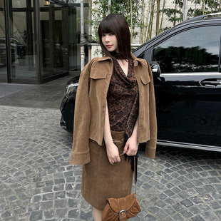 气质百搭复古主义麂皮外套高腰显瘦半身裙套装 Lienni2025秋季 新款