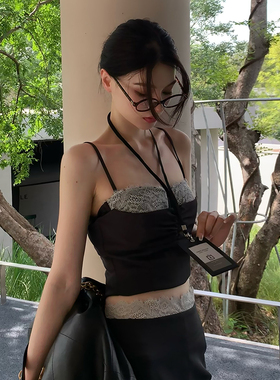 Lienni夏季新款气质短款吊带上衣女高腰显瘦半身裙假两件灰色套装