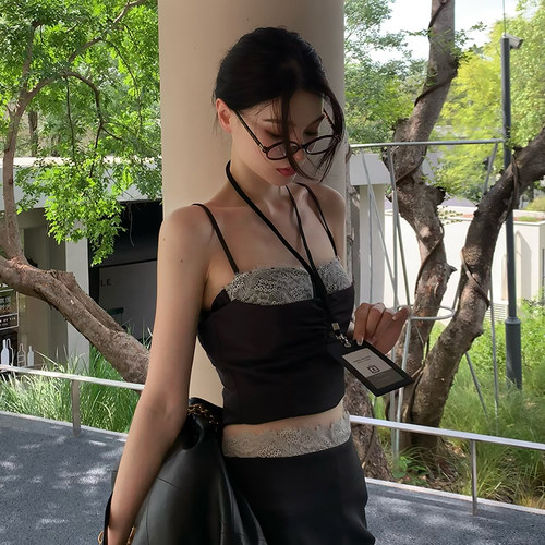 吊带上衣女半身裙假两件灰色套装