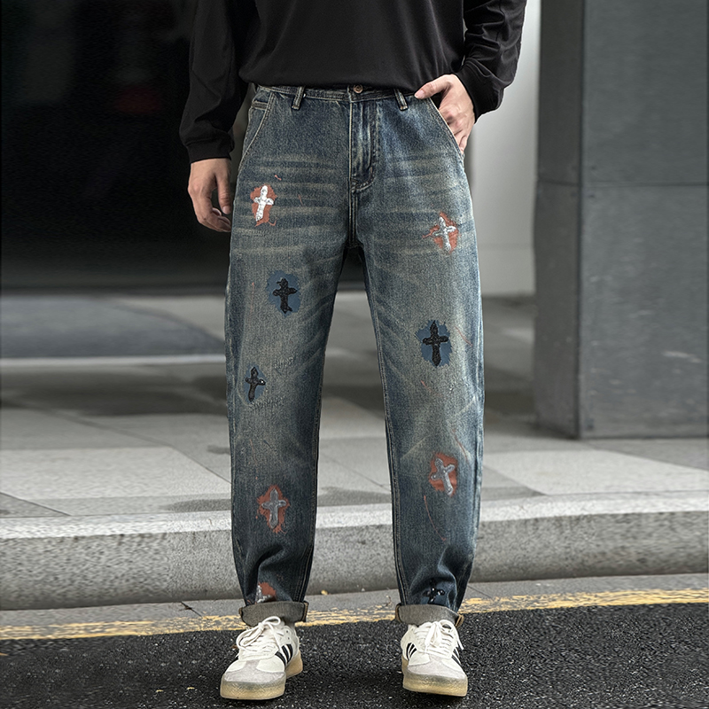 美式街头痞帅泼漆十字架钻石亮片牛仔裤男士宽松锥形长裤