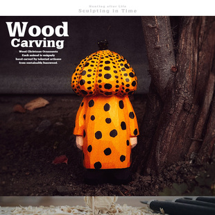 正版出口定制木雕 草间弥生南瓜头波点艺术家 手办大师手工雕刻