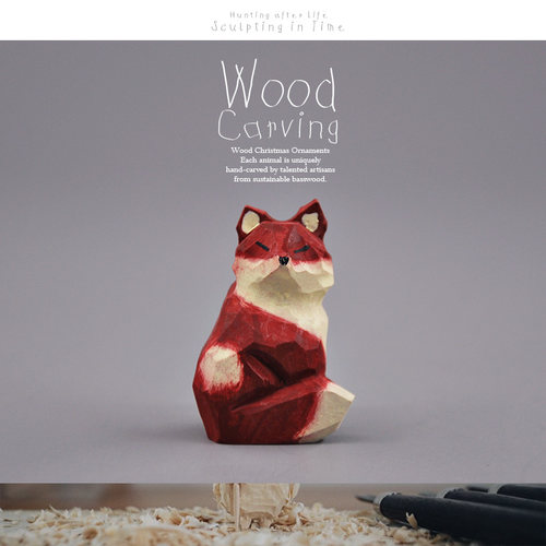外贸出口木雕 小红狐狸 可爱红狐动物模型 大师手工雕刻实木收藏