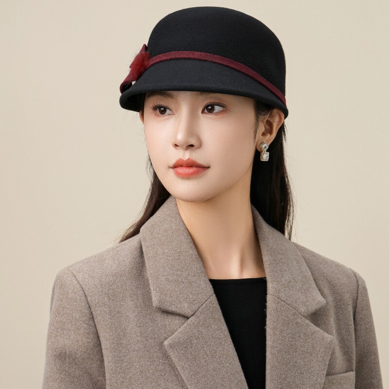 羊毛帽子女秋冬圆顶毛呢马术帽优雅毛球鸭舌帽复古羊毛小礼帽保暖