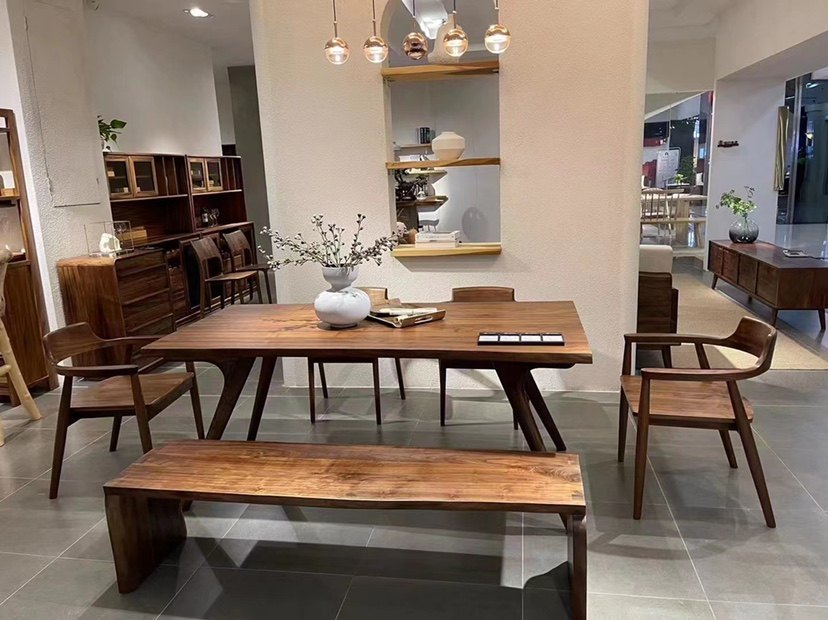 莫霞家具同款北美黑胡桃大板餐桌1.6米自然边全实木茶桌吃饭桌