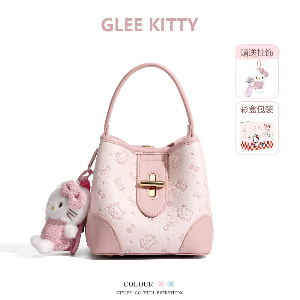GLEEKITTY女包百搭ins斜挎包2026新款时尚压花卡通猫咪手提水桶包