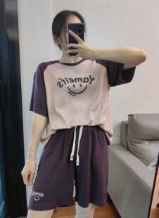 女生夏季短袖睡衣套装插肩袖新款大码家居两件套时尚可外穿女套装