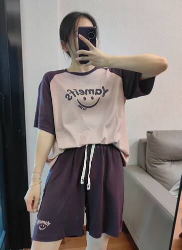 女生夏季短袖睡衣套装插肩袖新款大码家居两件套时尚可外穿女套装