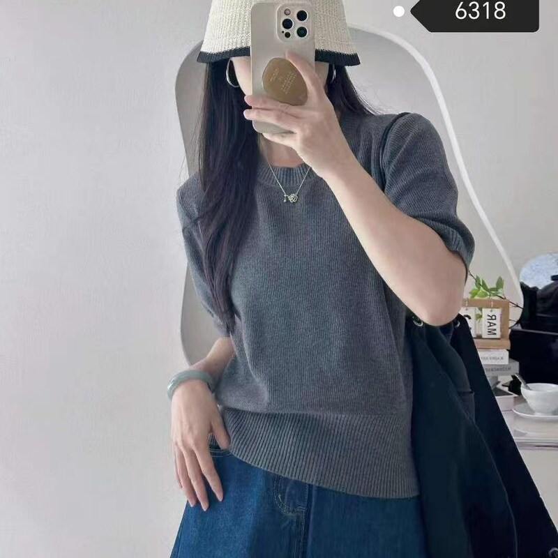 女士圆领短袖针织线衣显瘦百搭淑女高品质秋季T恤显瘦百搭