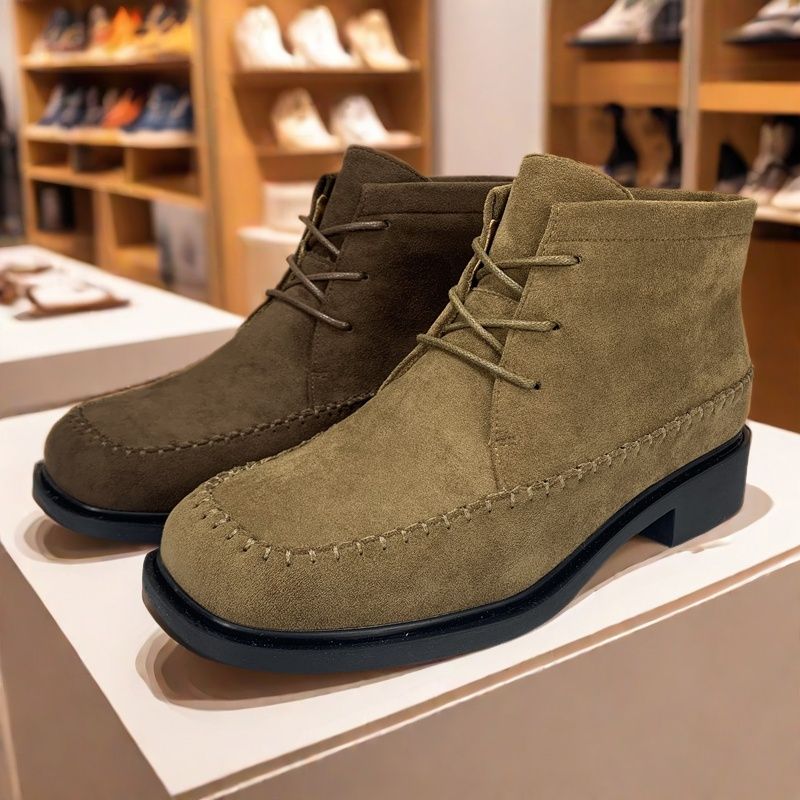 真皮女靴2024秋冬新款小众方头加绒保暖英伦风复古系带休闲短靴