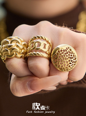 欧美跨境热销不锈钢镂空球形食指戒组合镀18k金时尚个性戒指现货