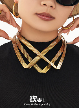 欧美跨境热销V形不锈钢项圈PVD镀18k真金潮流时尚高级感条纹项饰