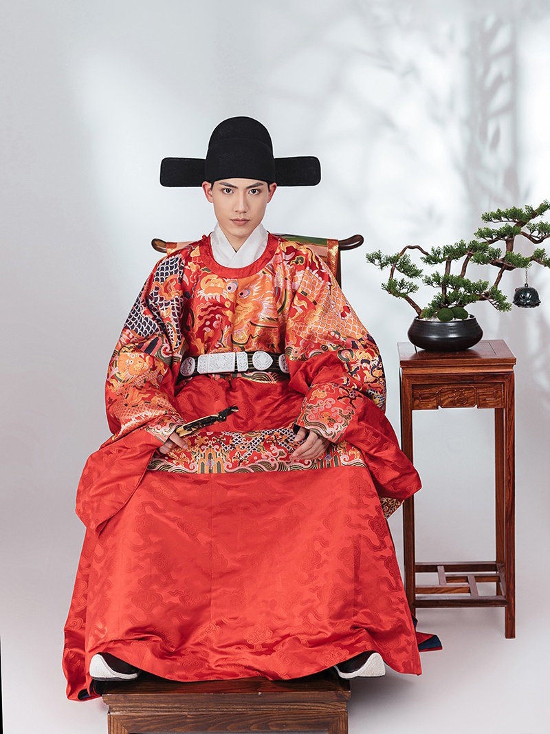 汉客丝路仿孔府蟒袍仿织金妆花缎道袍圆领袍披红明制汉服婚服定制
