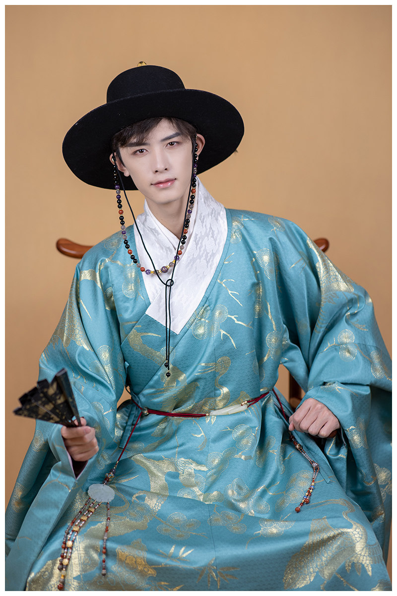 汉客丝路明制汉服婚服长袍松鹤纹织金缎通袖袍圆领袍竖领对襟道袍