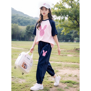 全棉纯棉女童套装运动两件套夏装短袖春秋女大童夏季儿童长裤春装