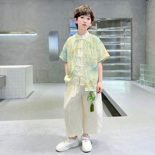 全棉纯棉儿童装男童夏季汉服套装2026新款古风夏装短袖唐装男孩中