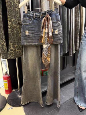 美式复古假两件拼接丝巾牛仔裤女秋季新款修身显瘦微喇拖地裤