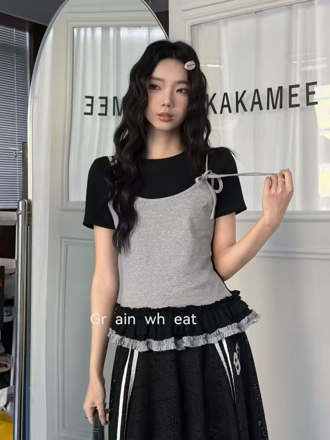 韩系新款甜辣妹花边裙摆系带假两件长袖T恤女春修身显瘦打底上衣