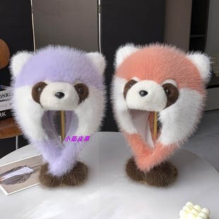 可爱小熊猫帽子女围巾冬季户外加厚加绒防风保暖头套小浣熊卡通