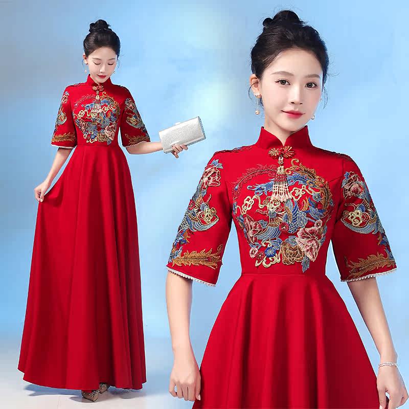 新中式立领五分袖红色长裙女复古风刺绣敬酒服回门礼服中国风