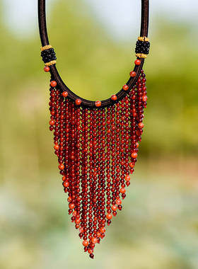 纯银玛瑙流苏红色喜庆风锁骨链