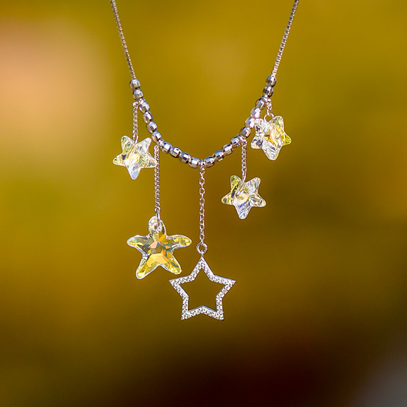 白月光设计感水晶项链多层流苏星星月亮锁骨链短款小礼服纯银配饰