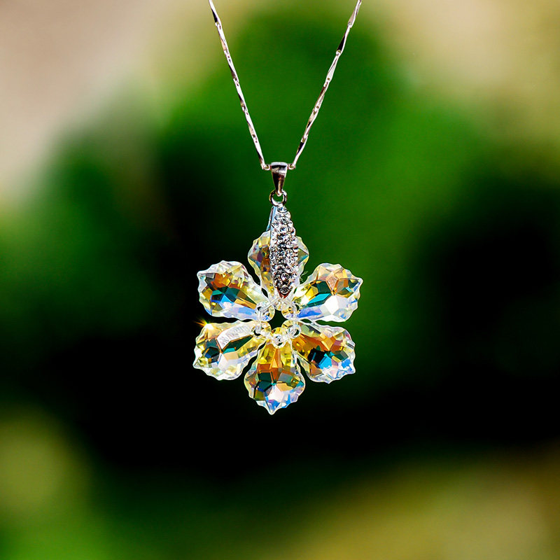 忆奴娇七夜雪纯银饰品水晶莲花吊坠项链日韩锁骨链晚礼服配饰礼物