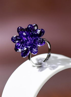 落霞设计感纯银水晶女戒指花朵