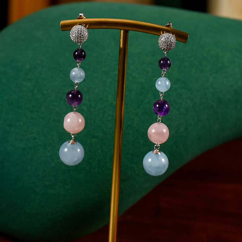 银河之夜复古气质纯银圆珠耳钉长款紫晶海蓝宝耳坠轻奢晚礼服配饰