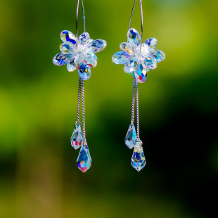 惊鸿银饰品水晶花朵耳环长款 流苏耳饰日韩气质耳坠性感晚礼服配饰