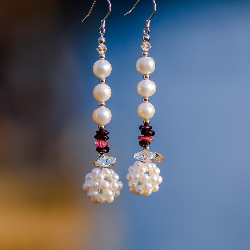 忆奴娇浮生s925银饰品天然珍珠花球耳环长款气质耳坠时尚耳饰