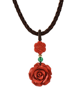忆奴娇西园秋暮红色玫瑰花吊坠项链女国风棉麻绳链新中式挂坠挂件