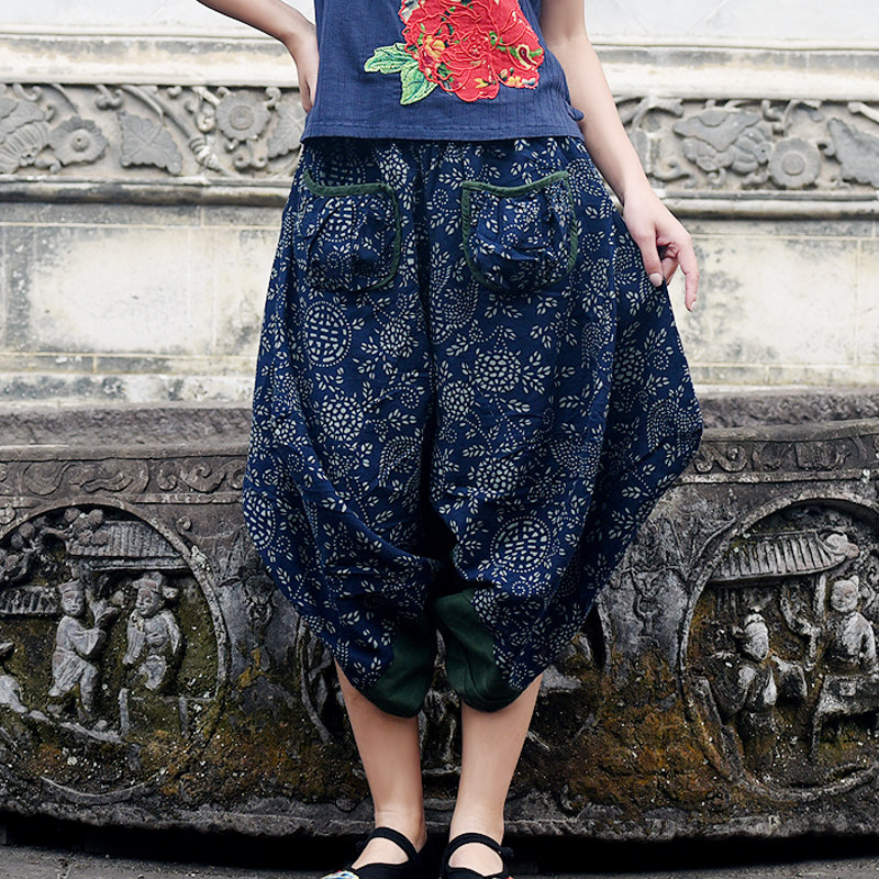 枝牌棉麻长裤民族风蓝印花宽松松紧腰均码复古休闲裤碎花长裤包邮