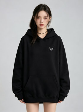 美式小恶魔黑色连帽卫衣女宽松慵懒风设计感外套春秋新款