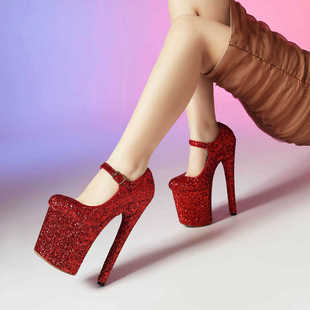 2026新款舞台走秀女钢管舞鞋闪亮片定制款厚底高跟鞋20CM性感凉鞋