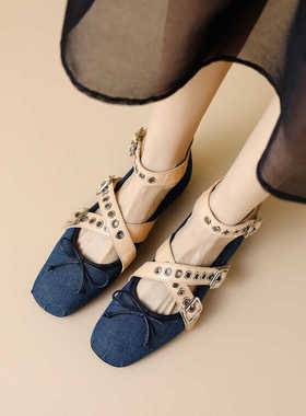 蓝色牛仔布交叉金属搭扣芭蕾舞鞋玛丽珍鞋女单鞋皮带扣平底晚晚鞋