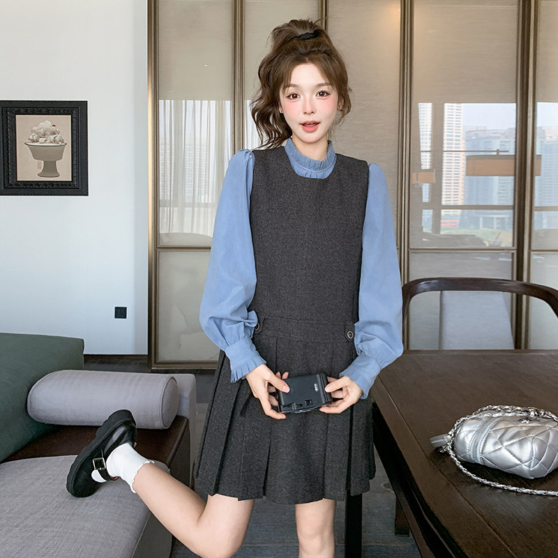 现货！高品质蓝色衬衫+毛呢裙两件套装159-736P165K248,女装套装/套裙,浙宝159