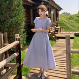 现货法式蓝色韩系修身泡泡袖连衣裙长款159-775P125K188，女装连衣裙，浙宝159