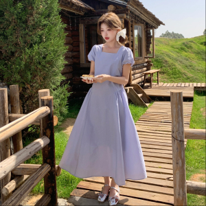 现货 法式蓝色韩系修身泡泡袖连衣裙长款159-775P125K188，女装连衣裙，浙宝159