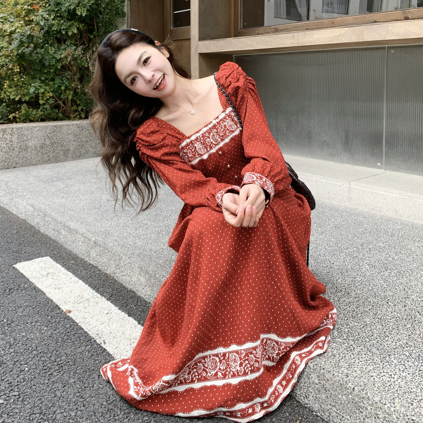 新款现货！红色印花法式收腰连衣裙长款159-2605P155K248,女装连衣裙,浙宝159