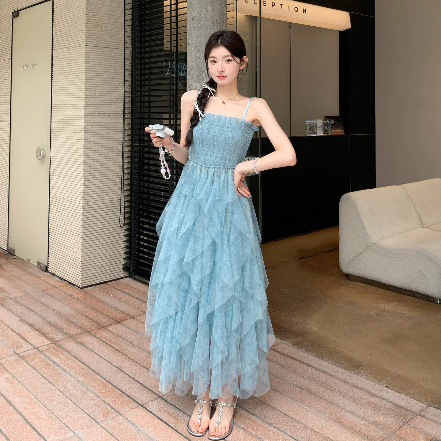 新款！蓝色网沙吊带连衣裙159-2616P135K218,女装连衣裙,浙宝159