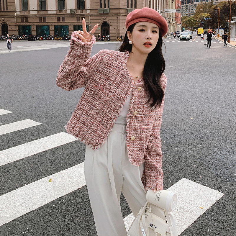 法式名媛粉色小香风外套女2023春季新款小个子设计高级感百搭上衣,女装短外套,浙宝159