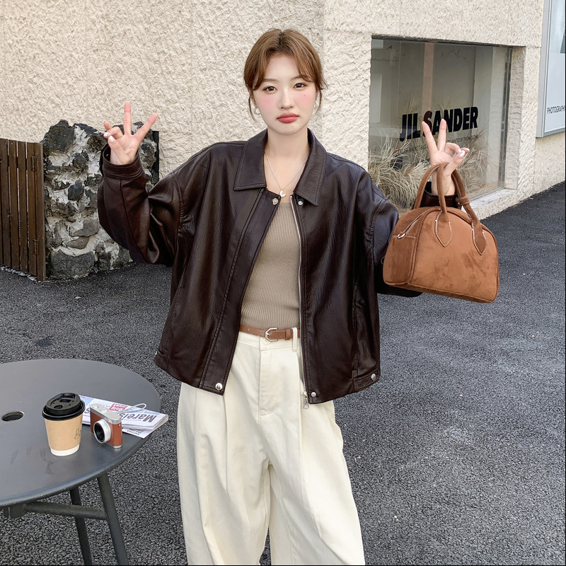 新款！红咖色短款韩系PU休闲皮衣159-531P145K218,女装皮衣,浙宝159