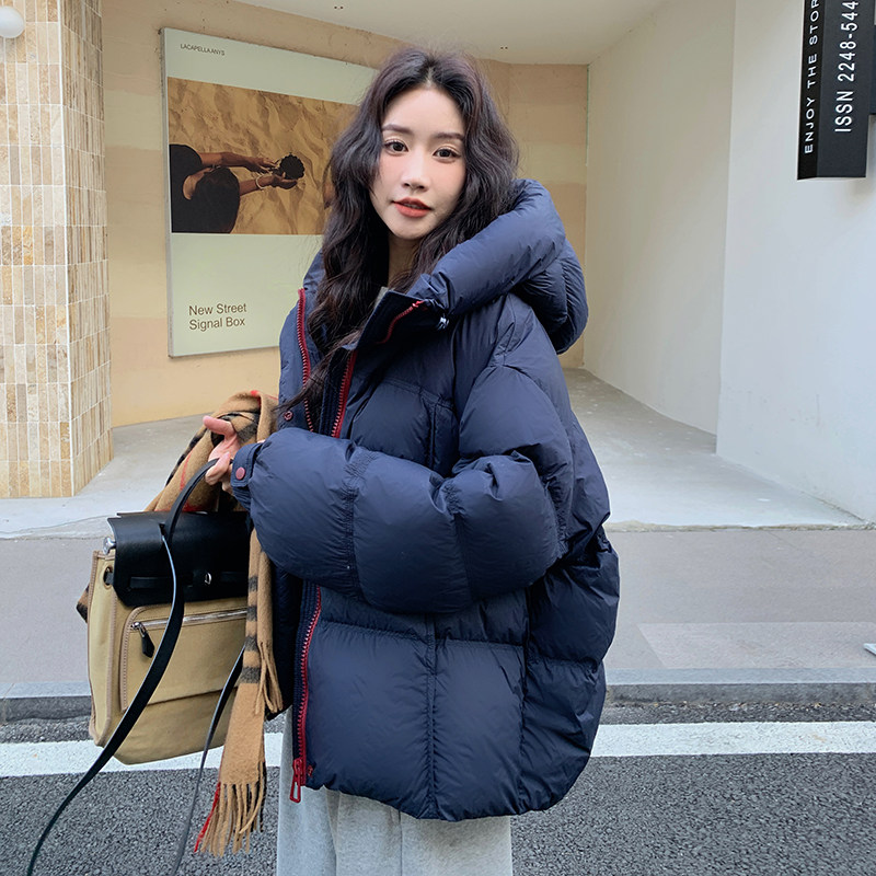 藏青色短款羽绒服女2025冬季新款韩版休闲连帽90白鸭绒加厚面包服,女装羽绒服,浙宝159