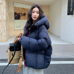 藏青色短款羽绒服女2025冬季新款韩版休闲连帽90白鸭绒加厚面包服图片