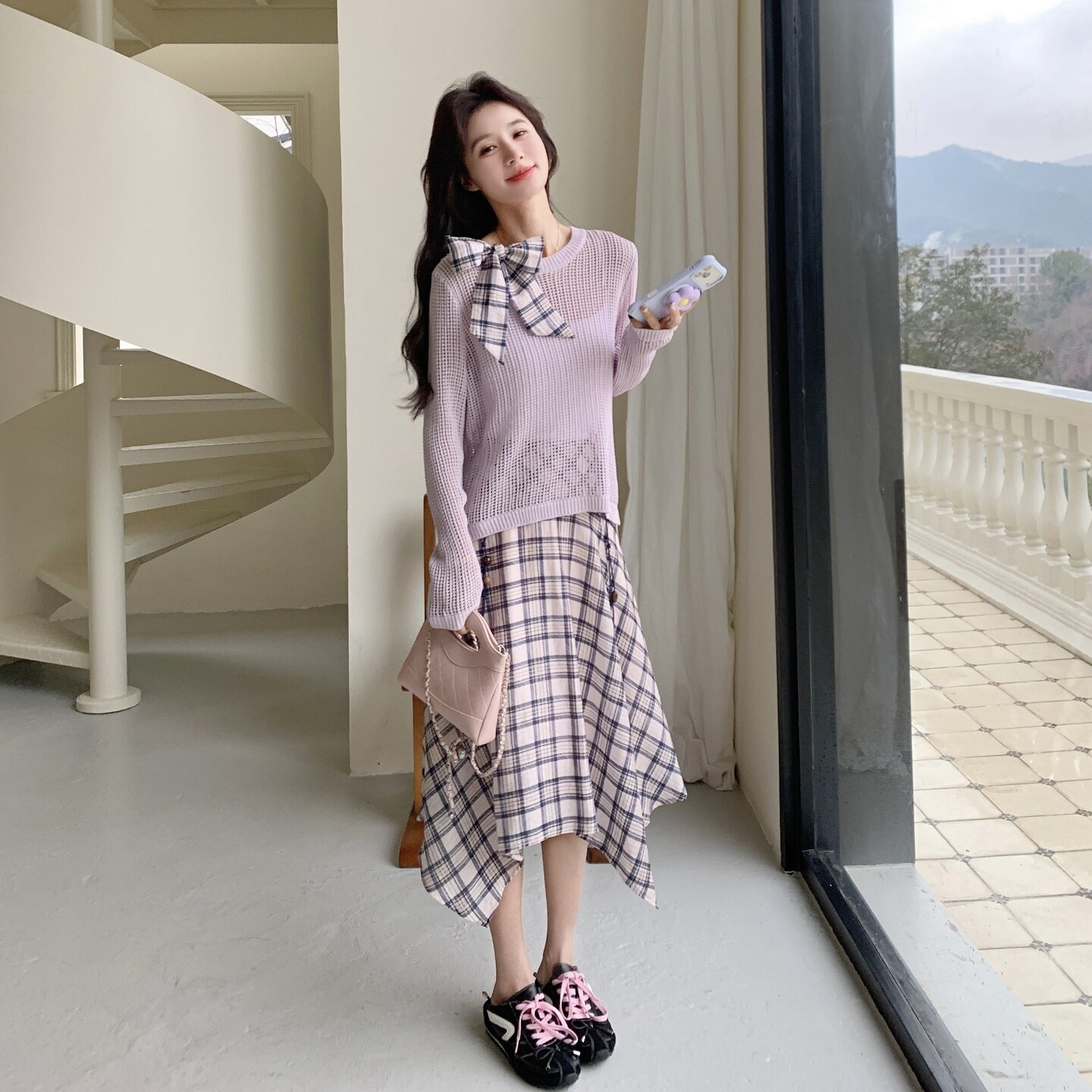 新款！针织衫上衣+格子半身裙两件套套装159-2607P165K268,女装套装/套裙,浙宝159