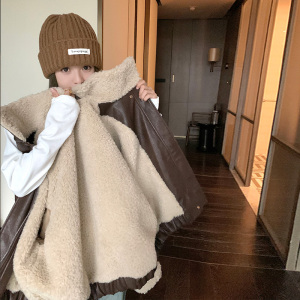 咖色羊羔毛外套女新款冬季美拉德小个子加厚宽松拼接加厚PU皮棉衣图片