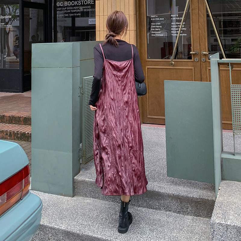 复古PU皮吊带连衣裙淡人套装女2025秋季简约设计感气质内搭两件套,女装套装/套裙,浙宝159