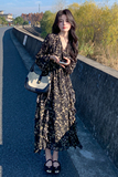 黑色V领碎花连衣裙女设计感赫本风别致高腰显瘦A字裙2025春秋新款，女装连衣裙，浙宝159