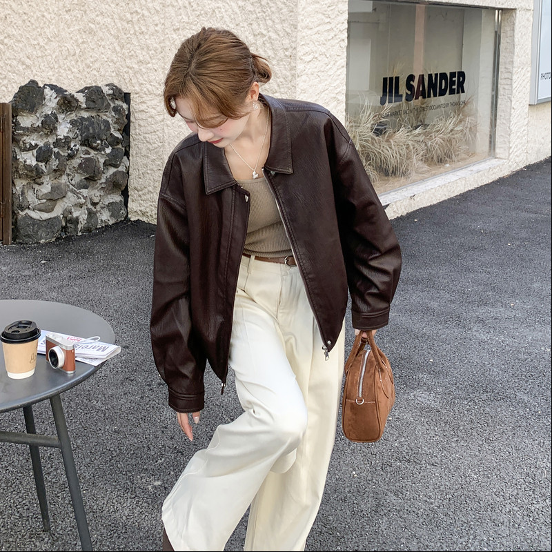 美式复古翻领皮衣外套女2025秋新款短款宽松高级感小个子酷飒夹克,女装皮衣,浙宝159