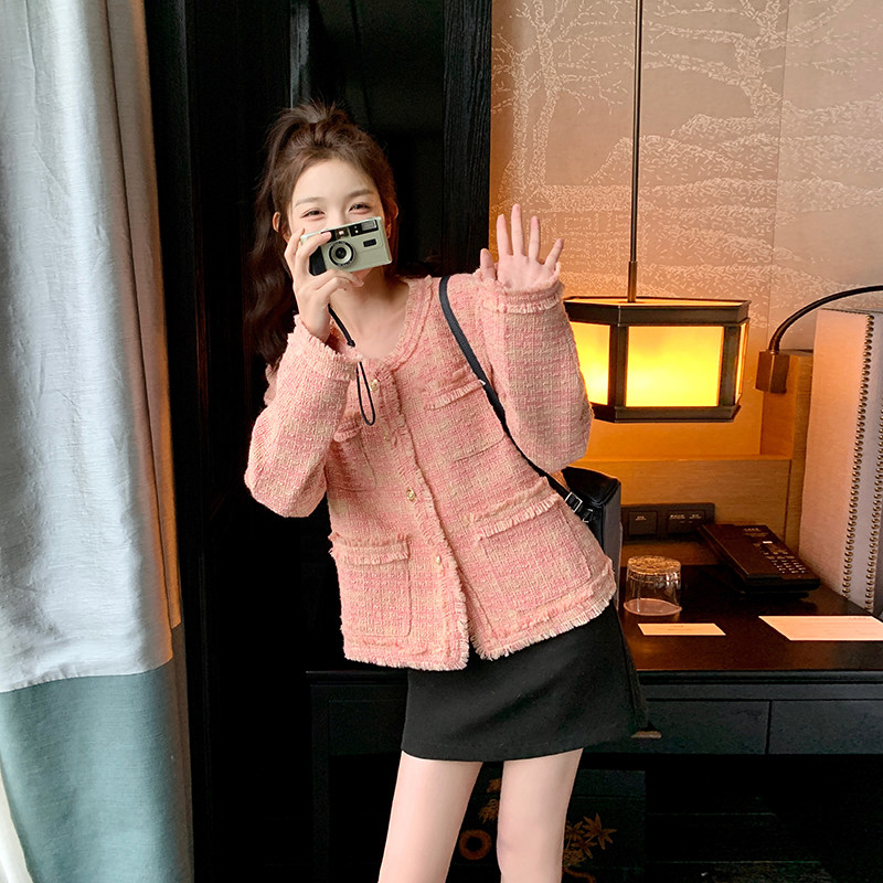粉色小香风外套女2024秋新款别致设计感流苏流行漂亮法式气质上衣,女装短外套,浙宝159